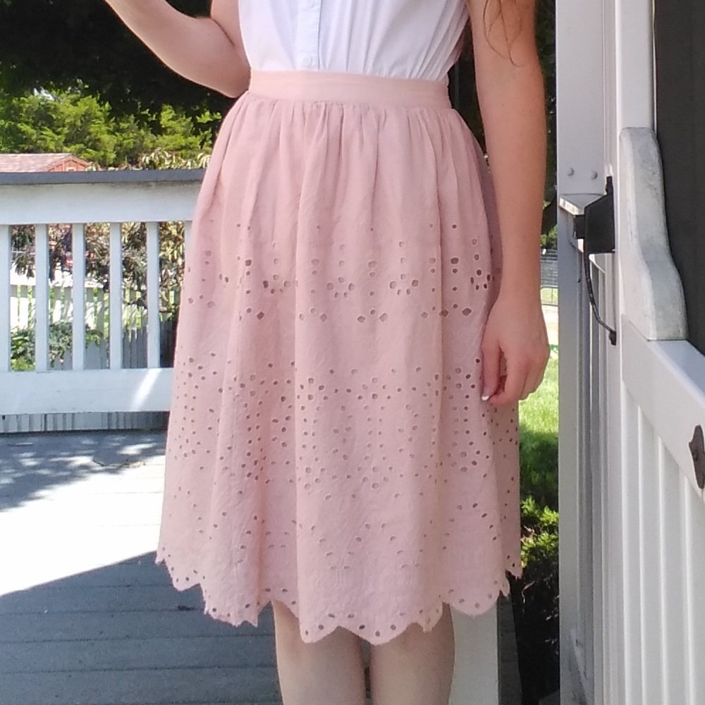 Pale Pink Eyelet Balletcore Girlhood Core Pinup Midi Cotton Skirt